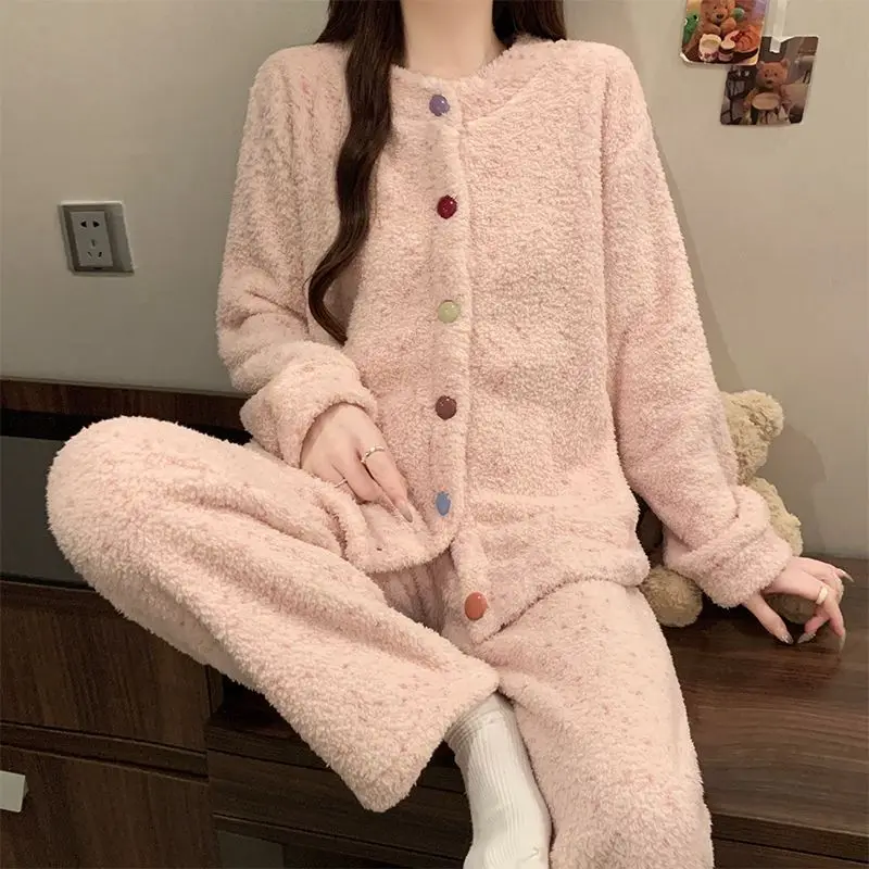 

Women's Coral Fleece Pajama Set Flannel Solid Color Winter Warm Sleepwear Cozy Comfortable Loungewear Homewear Suit Autumn