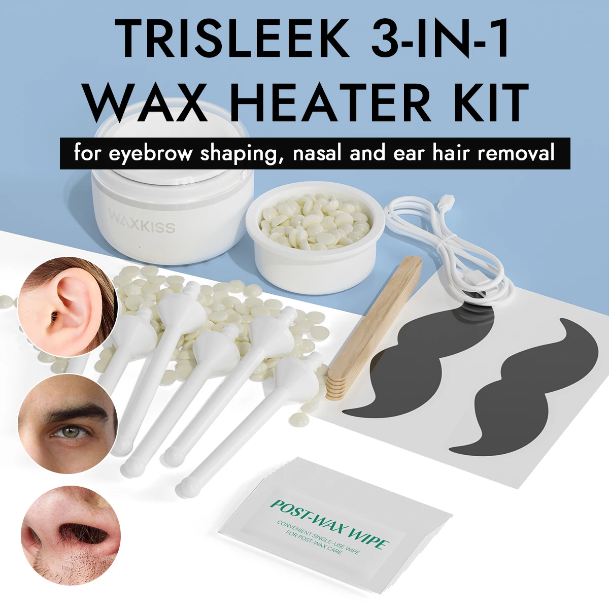 WAXKISS 3-in-1 Mini Wax Heater Kit, Portable Foldable Wax Machine, Fast Melting for Hard Wax & Beads, Gentle Milk Scented Wax, Face Ear Eyebrow Beard Finger Hair Removal, Unisex One-Key, Non-Stick Silicone Easy Clean, Home Salon Travel Essential, Gift Box