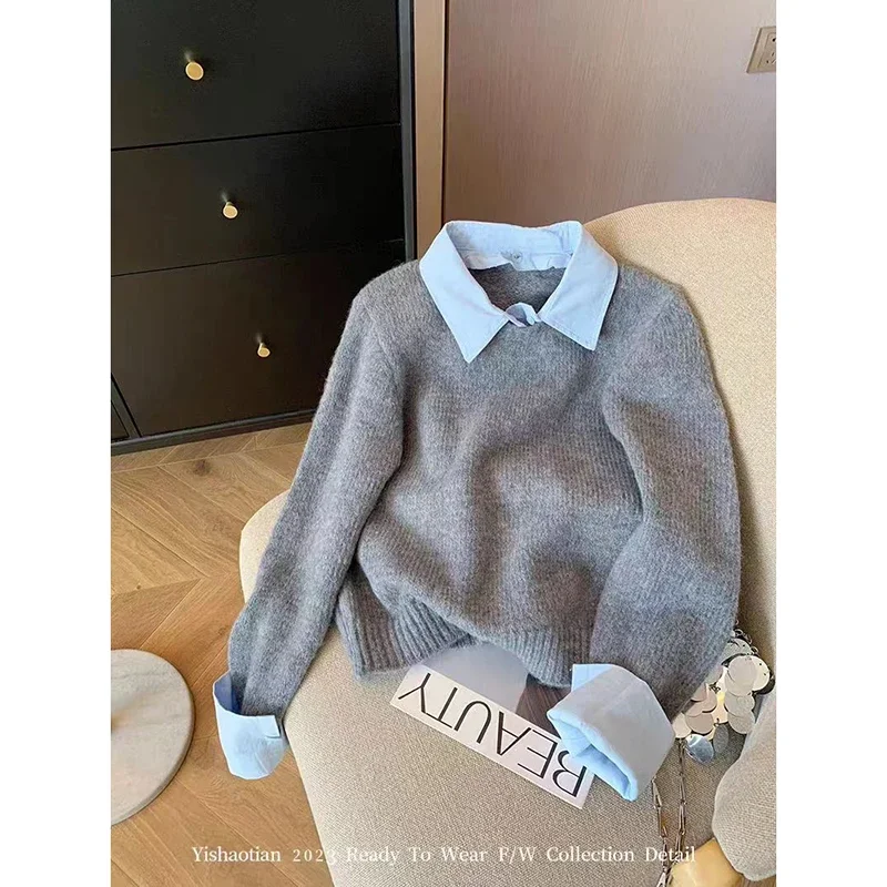 AAA 2024 Winter Women's New Preppy Style Chic Fake 2pieces Shirt Collar Jumper Sweaters Lapel Knitwear Tops Casual Y2k Outerwear