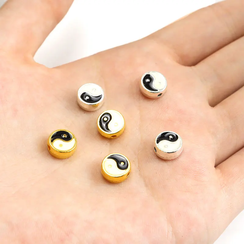 10pcs Enamel Yin yang Spacer Beads Charm Double-sided Tai Chi Bagua Alloy Loose Bead for Jewelry Making DIY Bracelet Accessories