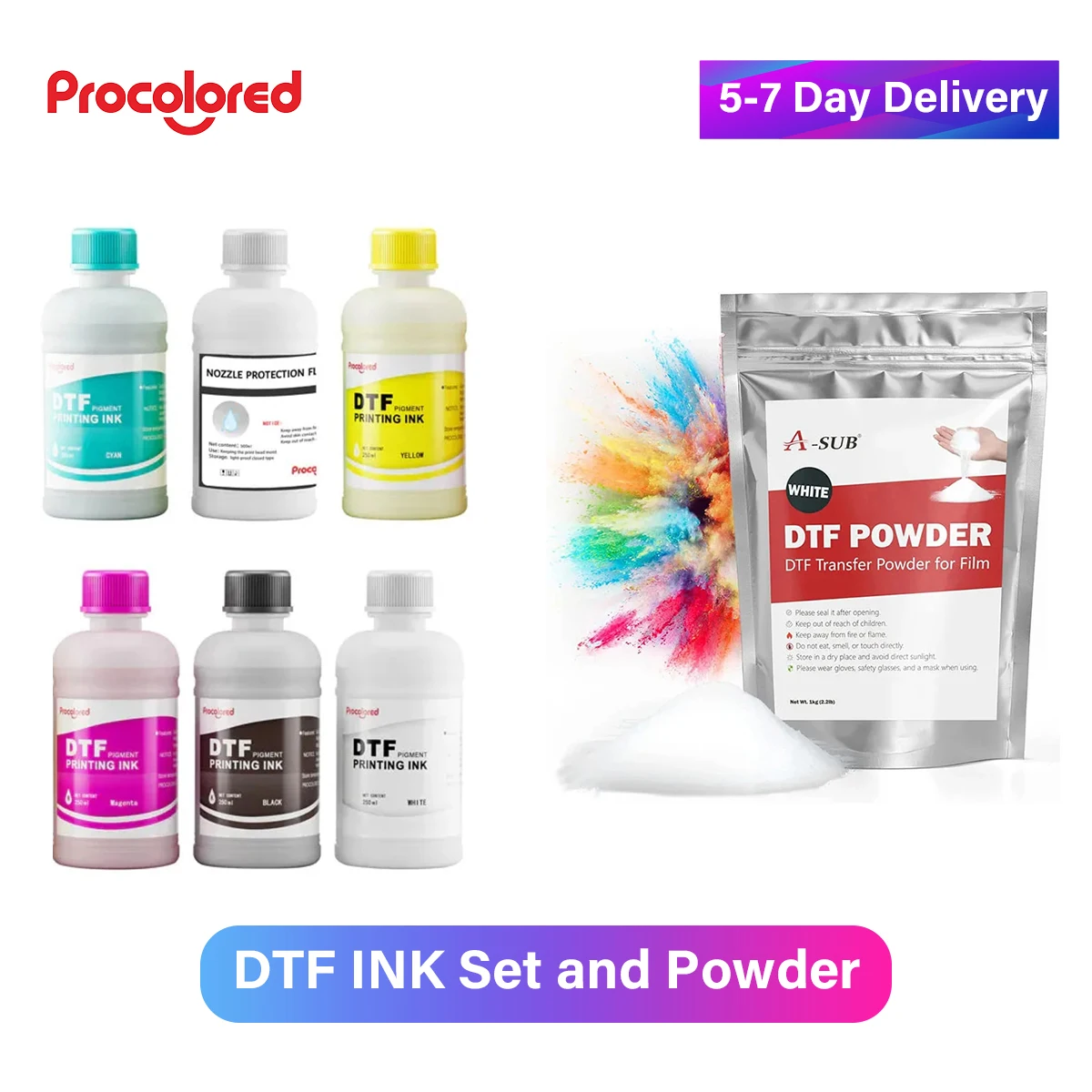 Procolor Dtf Inktset En Dtf Poeder 250Ml * 5 Cmykw Dtf Overdracht Inkt Voor Directe Overdracht Film Navulling Inkt Poeder Voor Dtf Printer