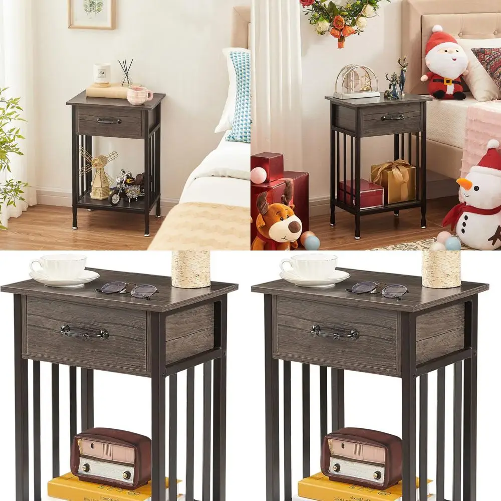 

Grey Industrial-Style Nightstand with Drawer and Storage Shelf for Bedroom or Living Room, Wood and Metal, Easy Assembly, 1 Pack