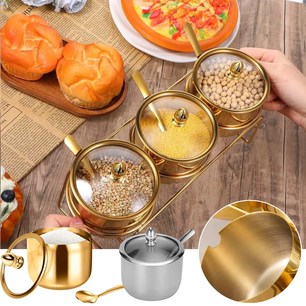 

Stainless Steel Seasoning Jar Set with Glass Lid Spoons Kitchen Condiment Pots for Serving Sugar Pepper Salt Spice Kruidenpotjes