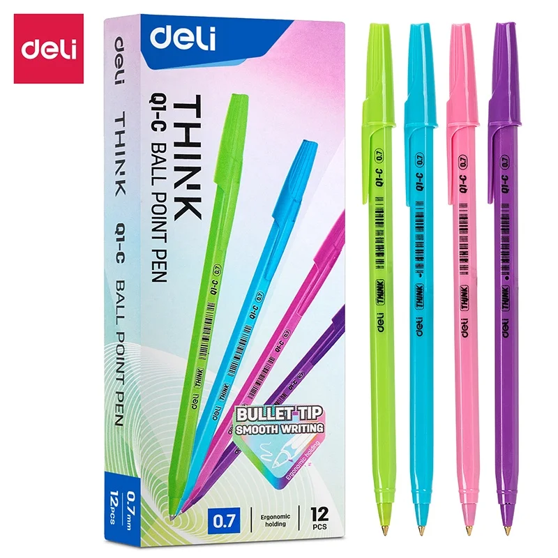 

Deli 12PCS/Box Ball Point Pen 0.7mm Black/Blue Ink Smooth Writing Office Supply EQ1-BK EQ1-BL EQ1-C