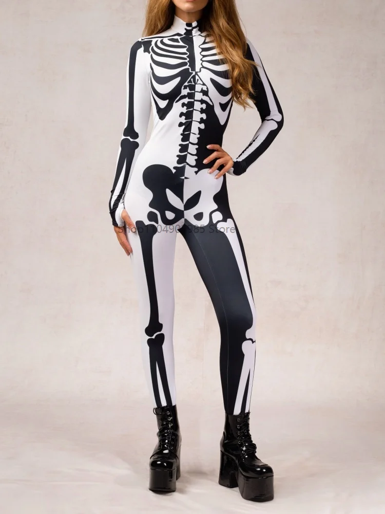 

Halloween Cyber Black And White Skeleton Bodysuit Women Steampunk Jumpsuit Cosplay Costume Carnival Party Zentai Suit