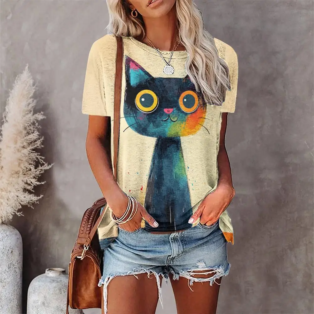 

Cartoon Animals Print Daily Women's T-Shirts Top Short Pullover Sleeved Fashion Street O-Neck Tee Shirt Female Everyday Clothing