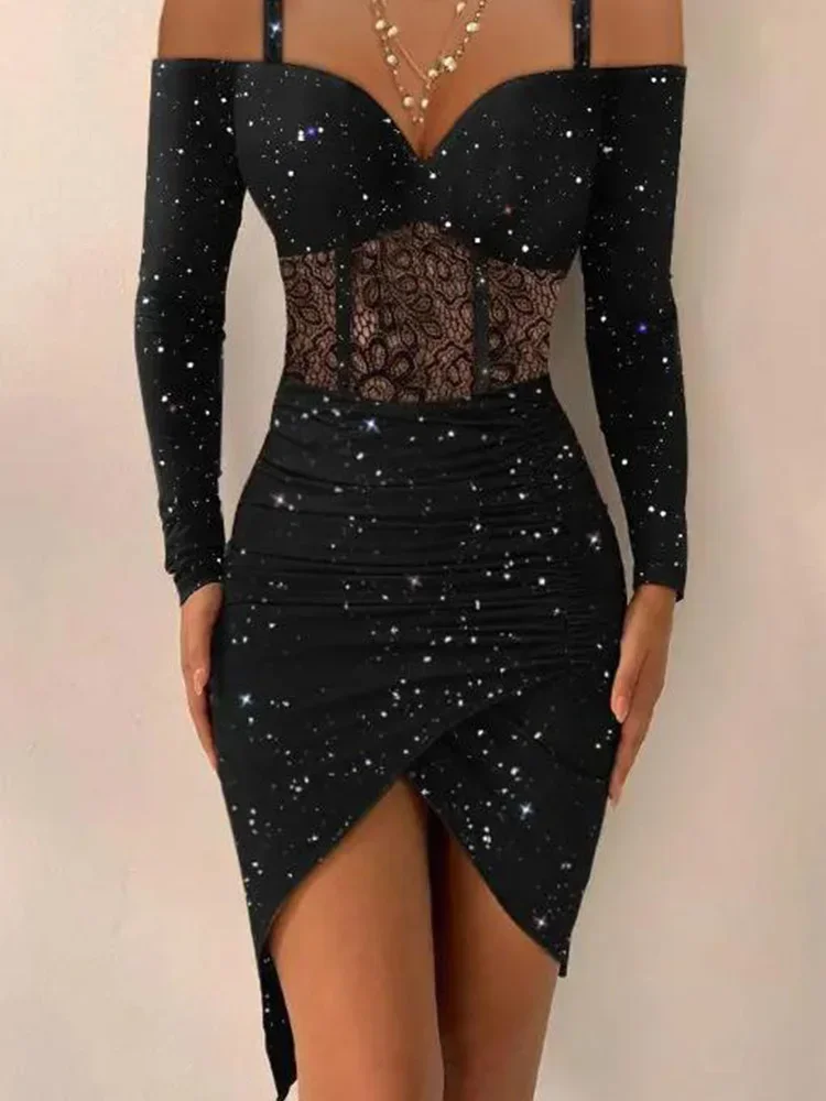 Women Dress Tight Sexy Hip One Shoulder Suspenders Irregular Shiny Dress Female