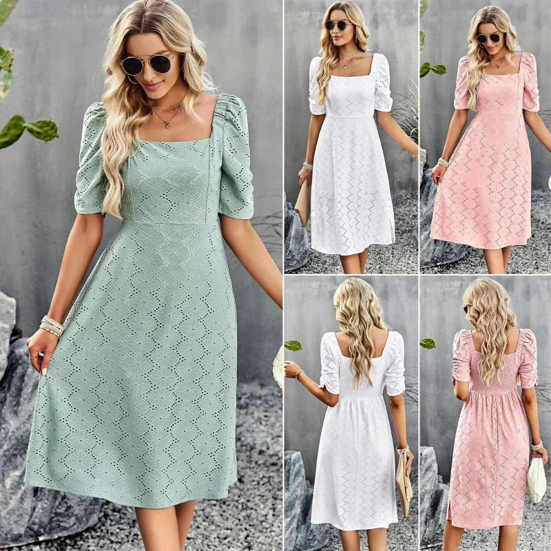 

DY-Solid Color Square Collar Dress Summer Temperament Elegant Short Sleeve Dress