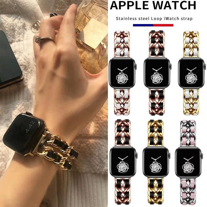 Correa de cuero de acero inoxidable para Apple Watch, correa para Apple Watch Series 7 SE 6 5 4 3 2 SE 38mm 40mm 42mm 44mm iWatch