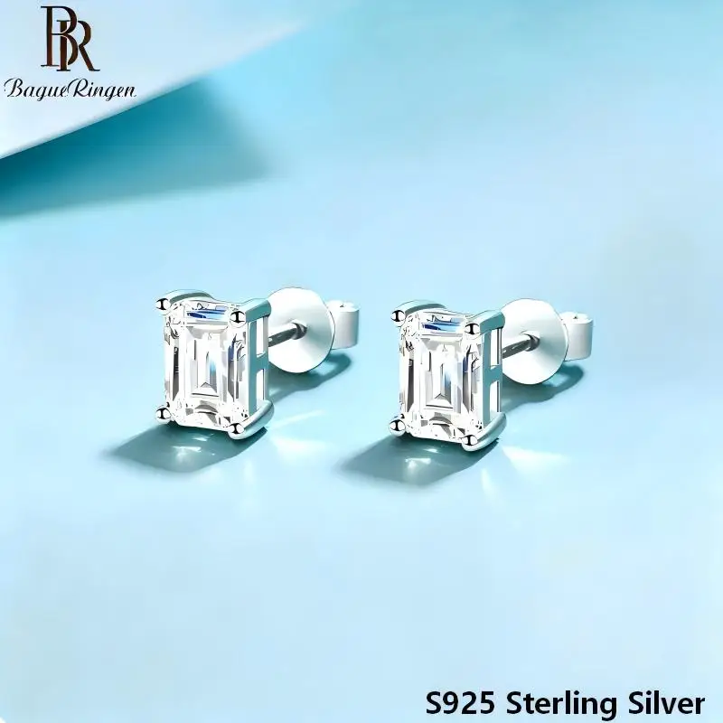 BR S925 Sterling Silver Stud Earrings for Women Inlaid Rectangular Chamfered Moissanite D VVS1 Exquisite Fine Jewelry
