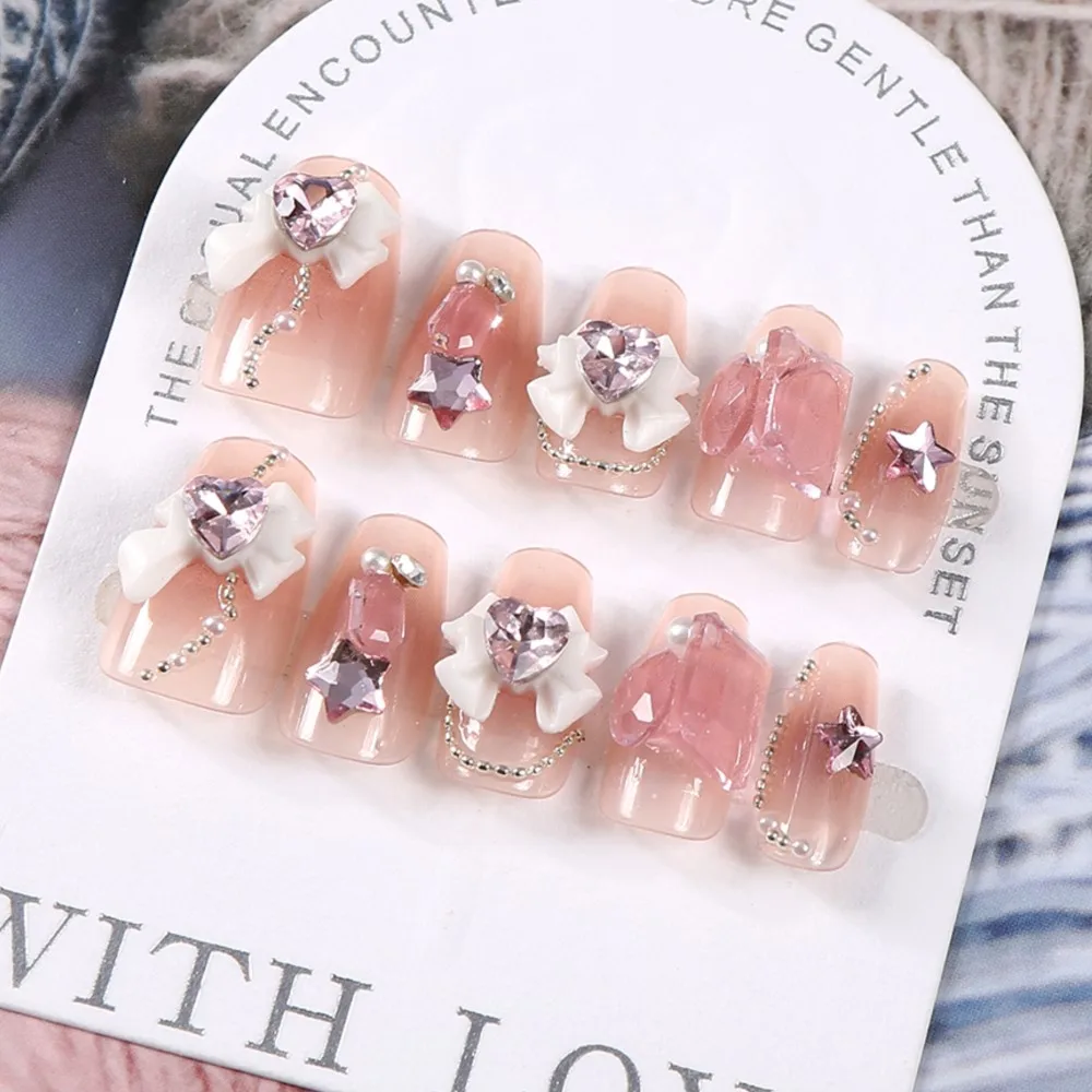 24Pcs/Lot Long Coffin False Nails with Bow Tie Rhinestones Nude Wearable Fake Nails DIY Full Cover Press on Nails Manicure Tips