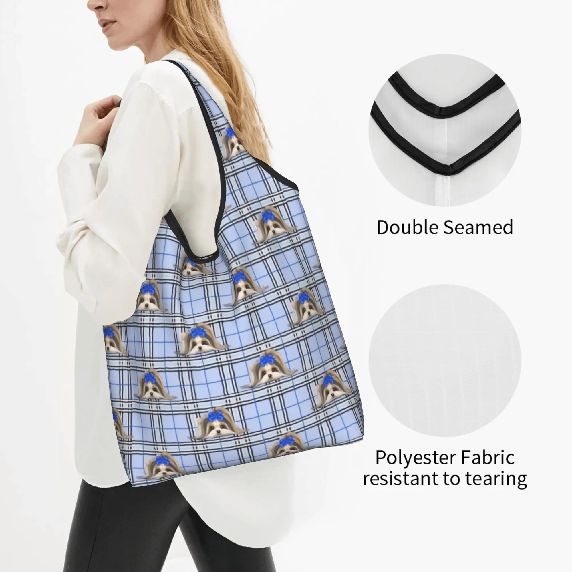 Kawaii Print Yorke Dog Yorkshire Terrier Yorkie Plaid Blue  Shopping Tote Bag Portable Shopper Shoulder  Handbag