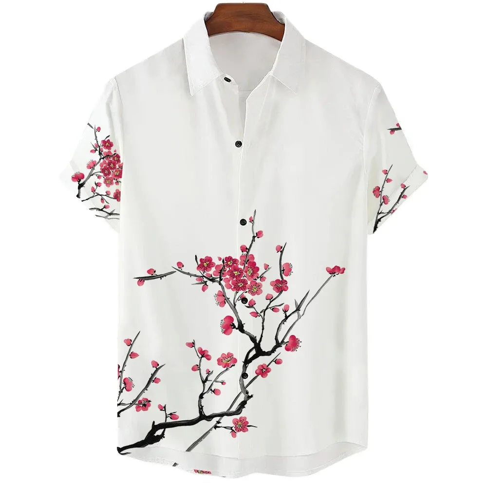 Pure White Simple Design Cherry Blossom Print Men\'s Casual Short Sleeve Shirt Summer Floral Casual Vacation Men\'s Top Oversized