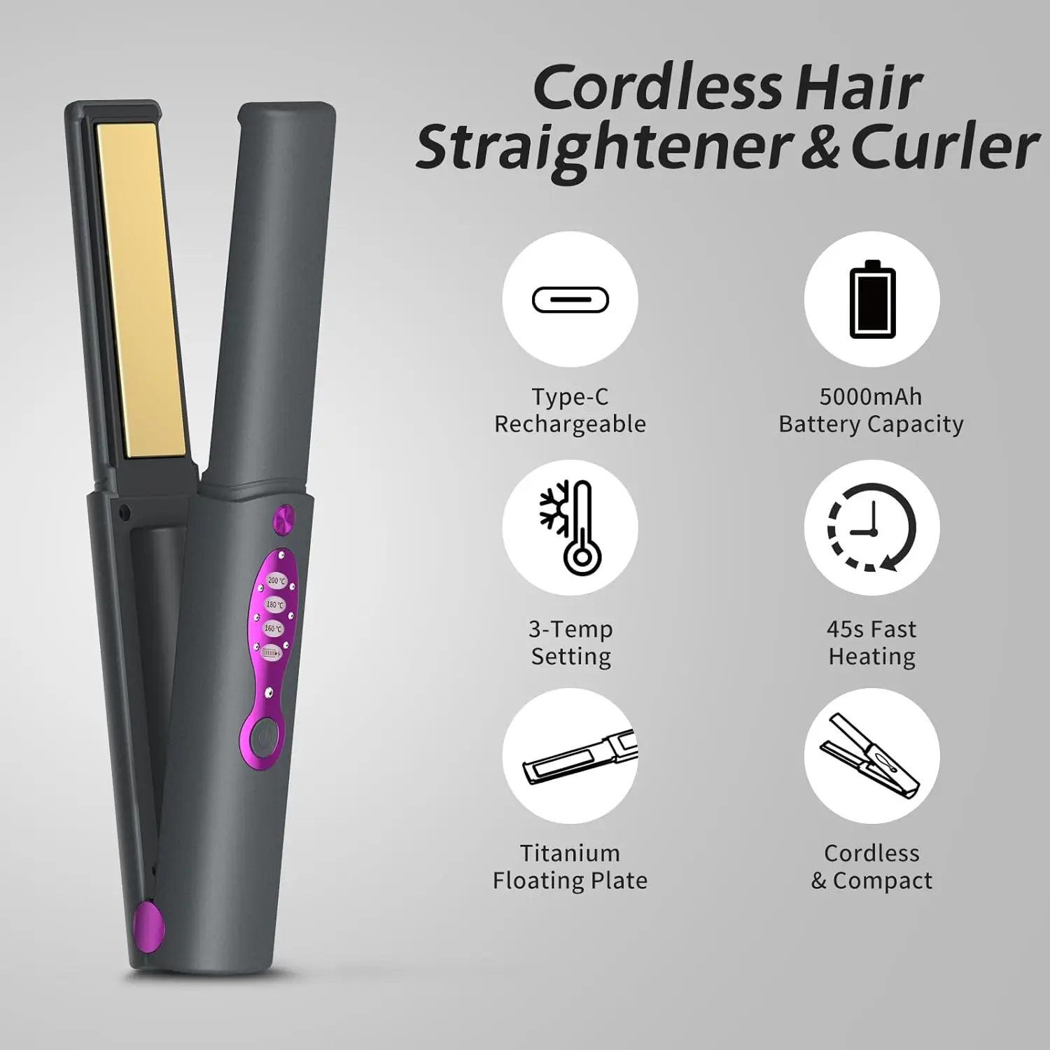 Plancha de pelo inalámbrica Mini rizador recargable 5000mAh tapa de seguridad calentamiento rápido 2 en 1 para alisar y rizar