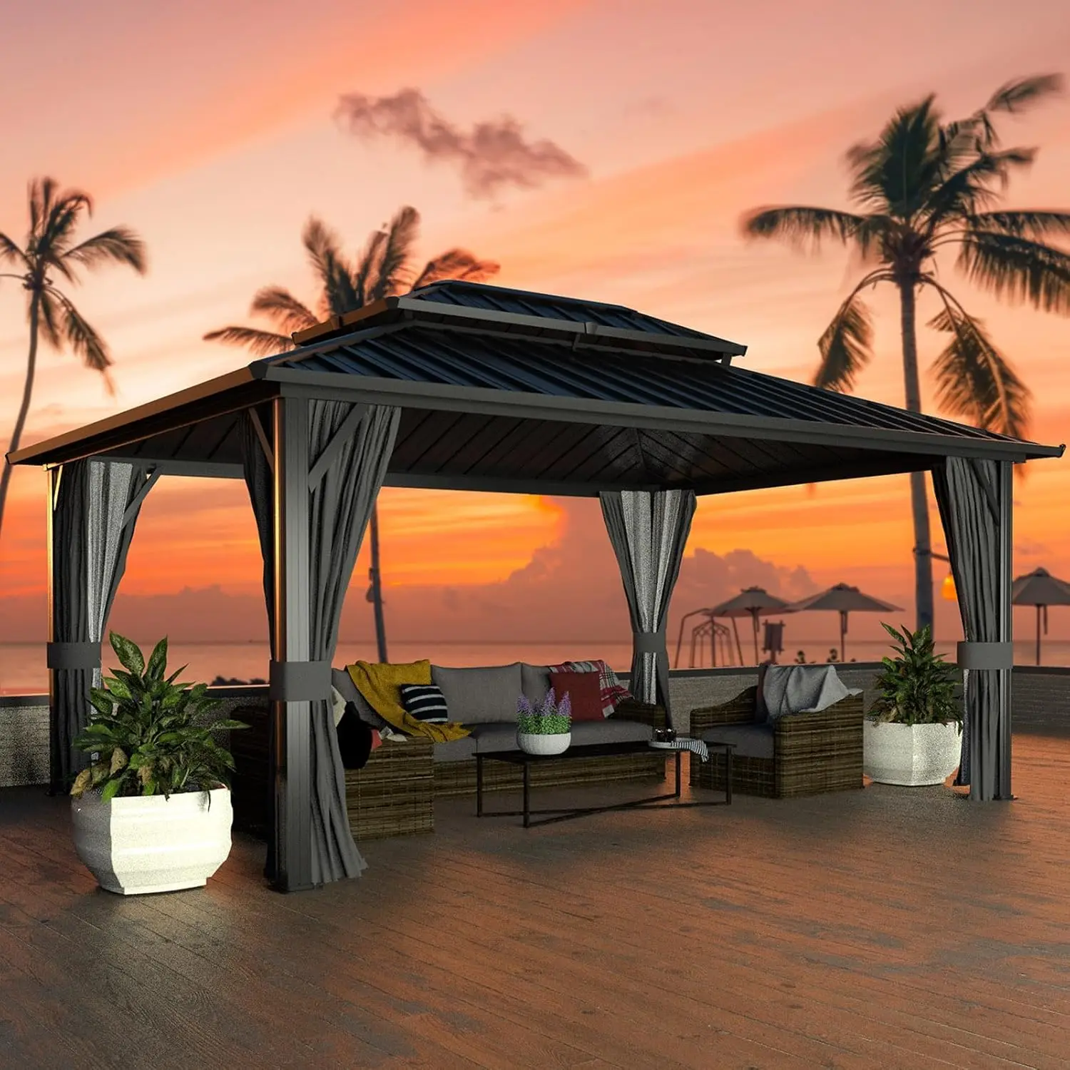 

10 X 12FT Gazebo,Outdoor Gazebo Netting and Curtains,Aluminum Hardtop Gazebo with Double Roof,Heavy Duty Patio Gazebo for Garden