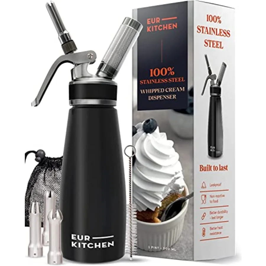 

Professional Whipped Cream Dispenser with 500ML Canister for Desserts and Beverages - Stainless Steel Body in Silver - Leak-Pro