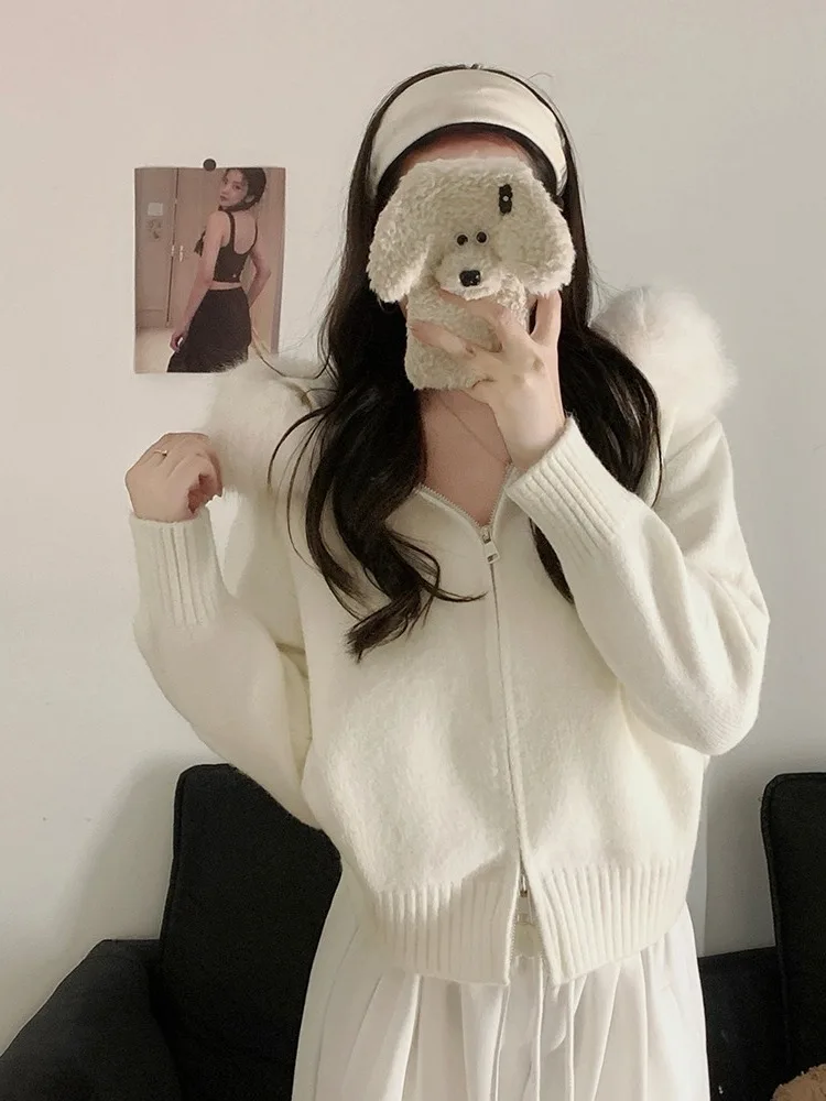 معطف محبوك بقلنسوة للخريف والشتاء، سترة نسائية كاجوال نحيفة محبوكة مفتوحة مع ياقة من الفرو