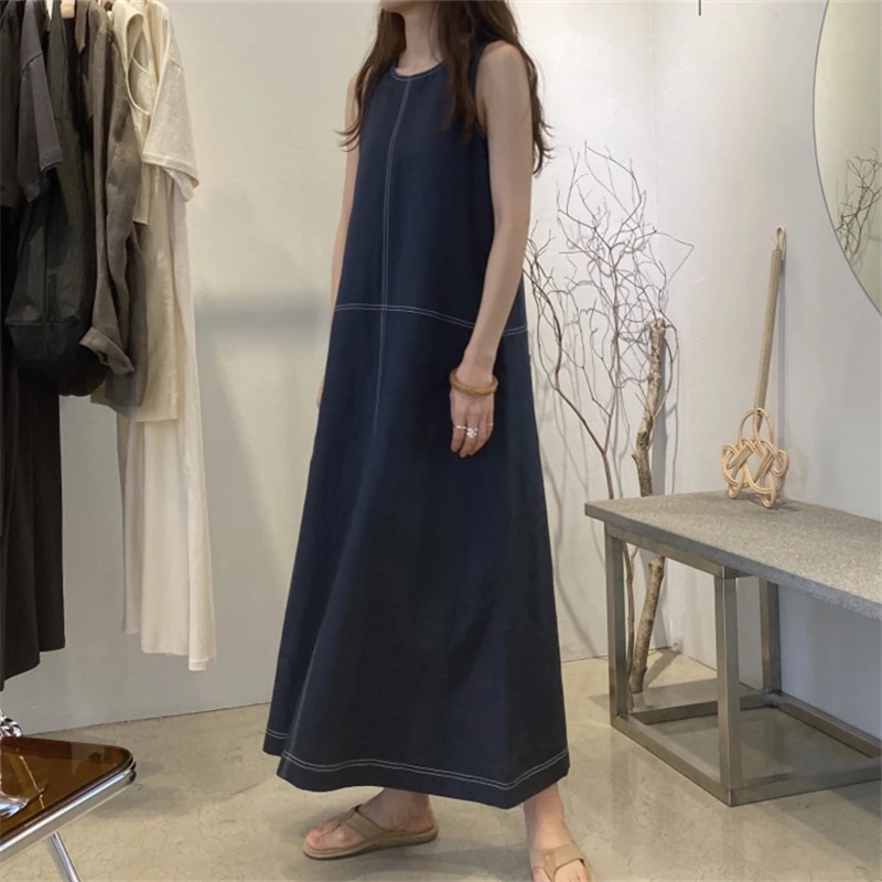 REALEFT Summer Cotton Linen Tank Long Dresses for Women 2025 New High Waist O-Neck Sleeveless Straight Korean Dresses Female