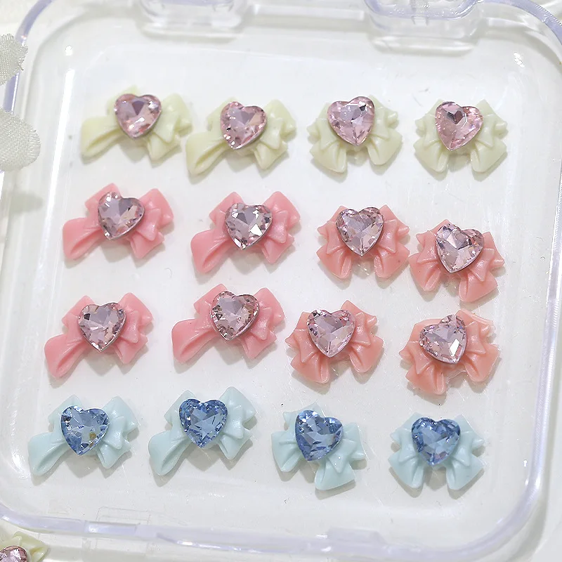 

20PCS 3D Resin Nail Art Bow Charms With Love Heart Rhinestone Crystal Diamond Accessories Nails Decoration Supplies Material New