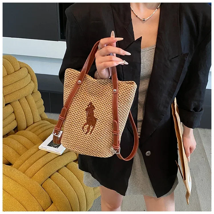 2025 New Straw Bucket Bag - Woven, Summer, Seaside, Large Cap, Mother & Child