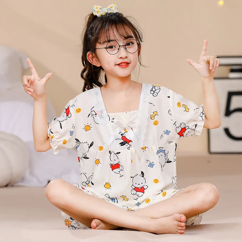 Sanrios Hellokittys Kuromi Cinnamoroll My Melody Square Neck Girls Pajamas Kids Short Sleeve Shorts Bubble Crepe Loungewear Set