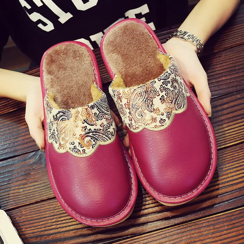 

Women Winter Slippers Plush Warm Leather Home Cotton Shoes Woman Thick Indoor Floor Slippers Non-slip Thermal Couple Slippers