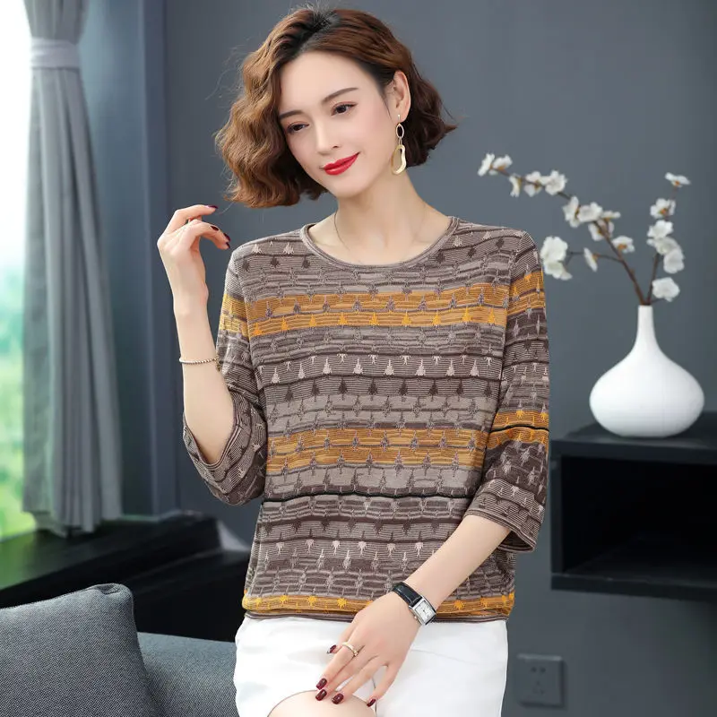 Women Clothing Fashion Patchwork Thin Knit T-shirt Spring Summer Casual Loose O-neck Short Sleeve Pullovers Office Lady Chic Top