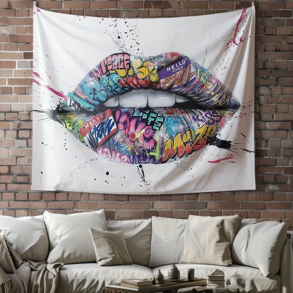Lip graffiti female pattern Digital printing polyester wall tapestry suitable for use in living bedrooms offices bars and party