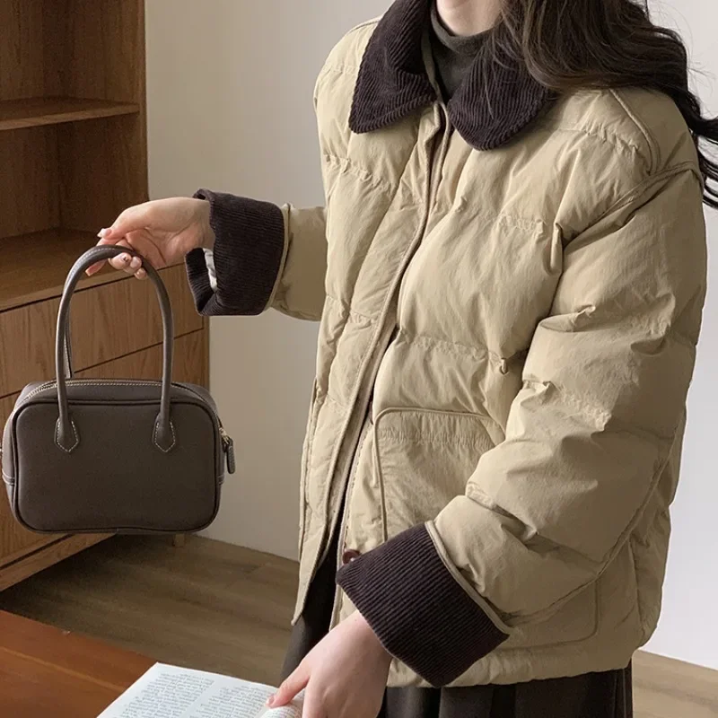 Chaqueta corta de retazos elegante para mujer, abrigo ligero acolchado de algodón, abrigo de manga larga con bolsillo, abrigos de diseño cálido,