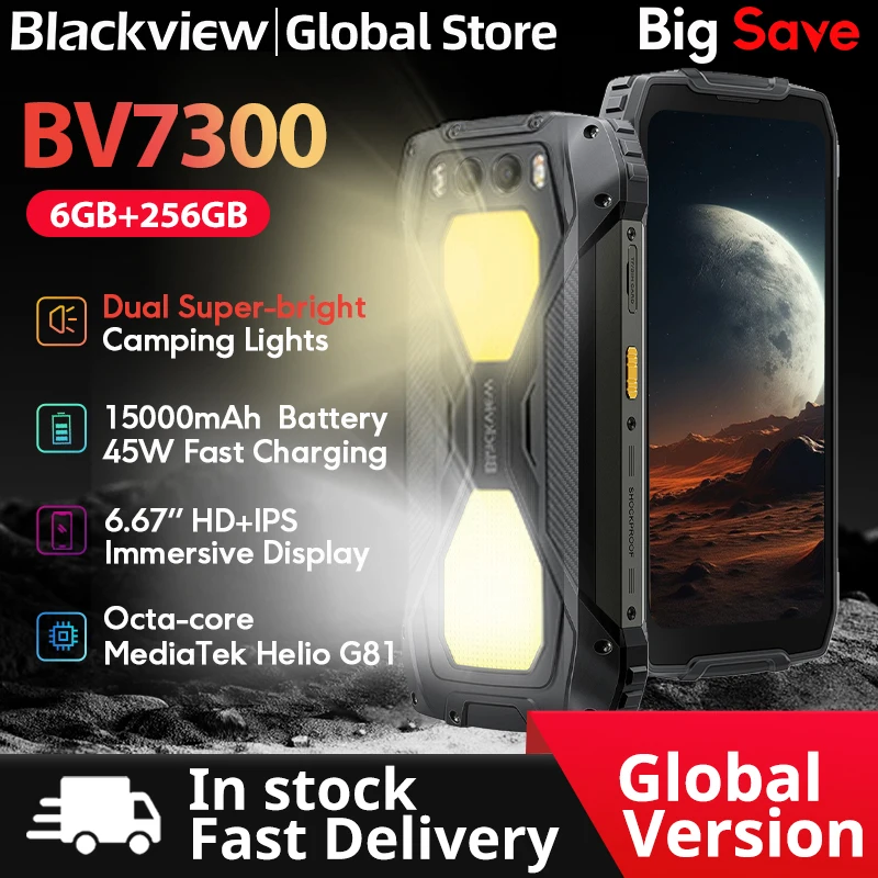 Blackview BV7300 Rugged Phone 6.67'' HD+ IPS 90Hz Display Dual Camping Light NFC 15000mAh 45W Fast Charge Android 14 Cellphone