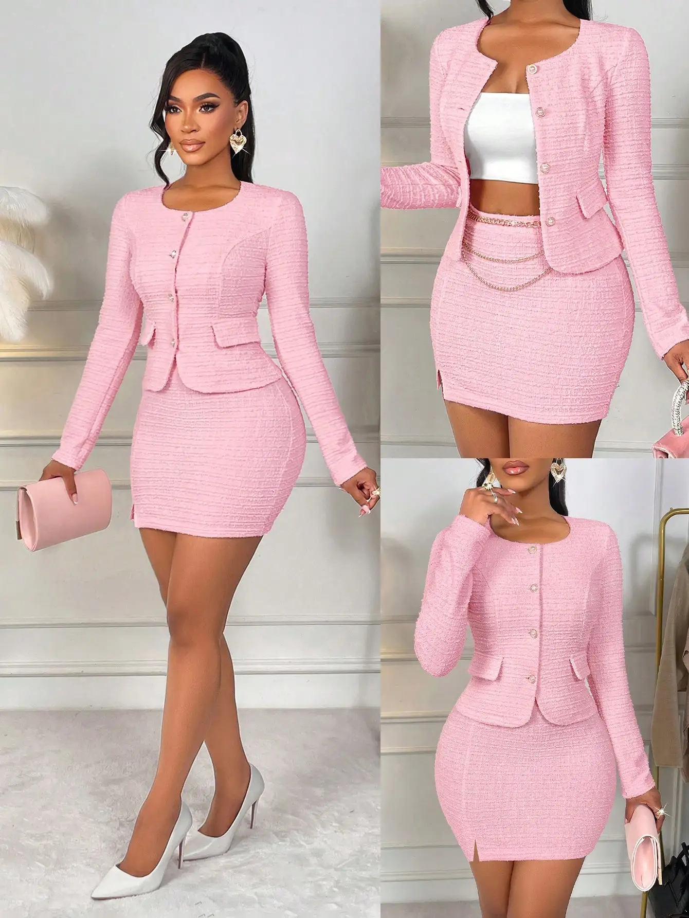 

Женский розовый твидовый комплект из 2 предметов: пиджак с длинными рукавами, квадратным вырезом и застежкой на пуговицах, облегающая мини-юбка