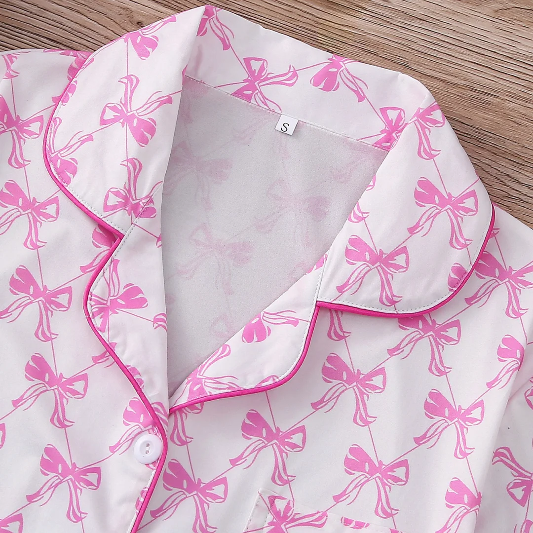Pink Pajamas with Little Bow Print Lapel Short Sleeves and Shorts Home Wear Set Loungewear Clothes Gifts for Women