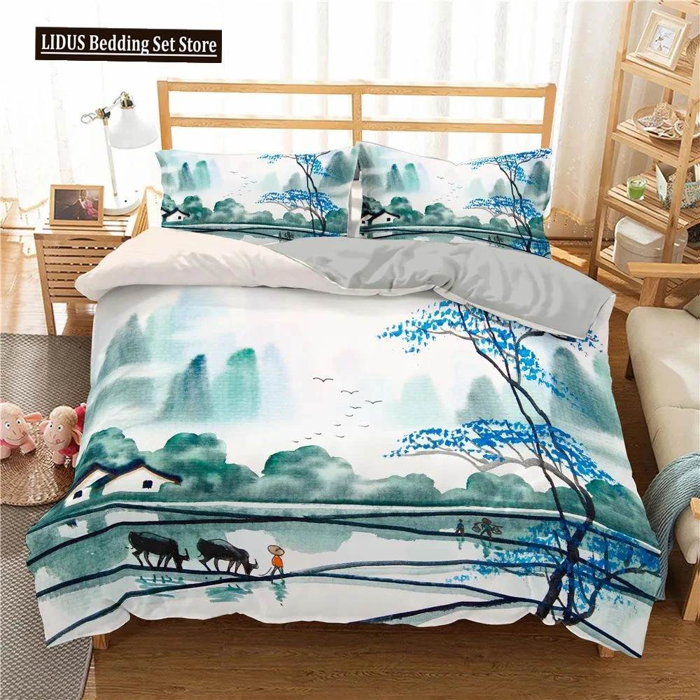 

Ink Painting King Queen Duvet Cover Chinese Landscape Painting Bedding Set Adults Idyllic Scenery Mountain Polyester Quilt Cover