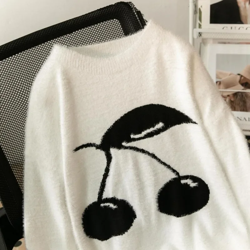 EBAIHUI Cherry Jacquard Women's Knitted Sweater Simple Versatile Round Neck Ladies  Long Sleeve Pullover Autumn Daily Casual Top image 2