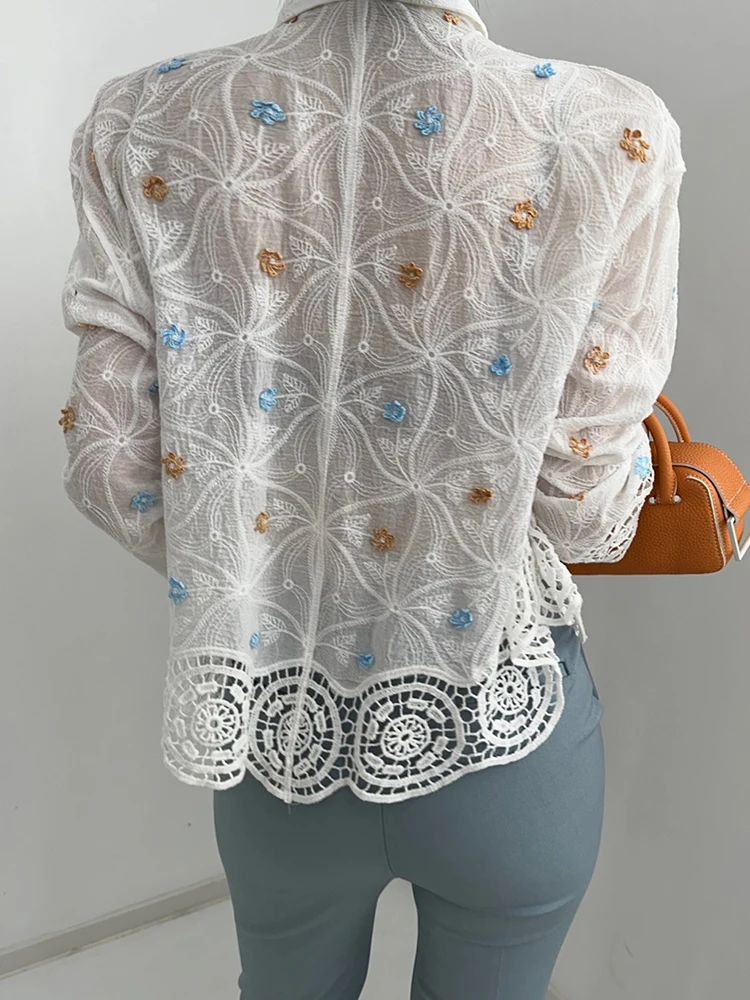 Women Embroidery blouse Lace patchwork shirt 2024 New Fashion Long sleeve Irregular tops Loose Streetwear Lady INKEO 4T110