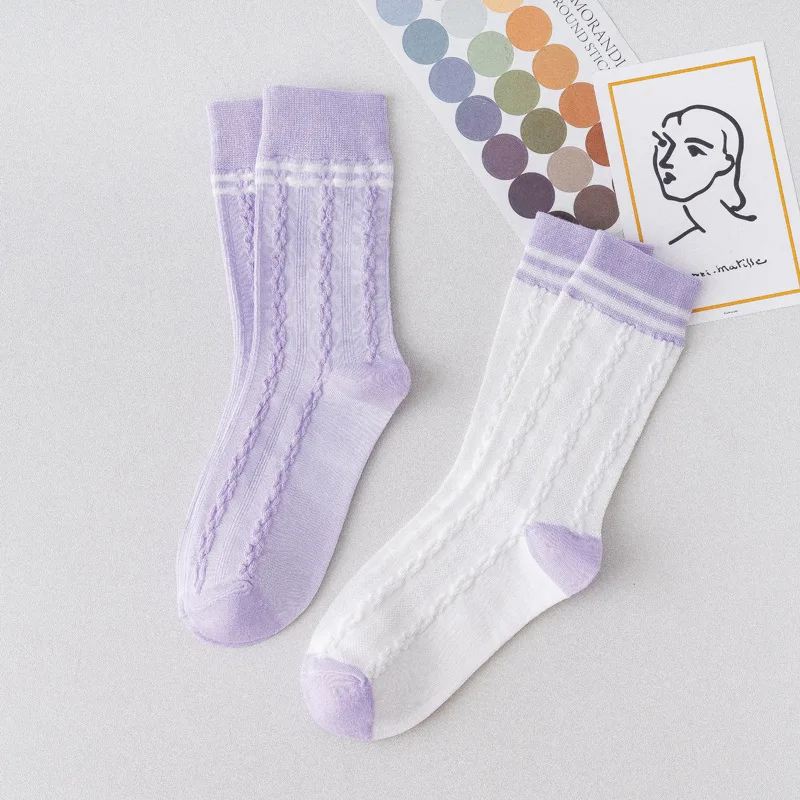 Spring Japan Korea Harajuku Kawaii Cute Socks Women Stripe Lattice Purple Middle Tube Socks Comfortable Breathable Happy Socks