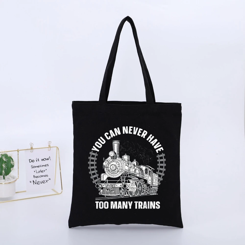 Train Graphic Black Canvas Tote Bag, Vintage Style for Daily Shopping and Casual Outings