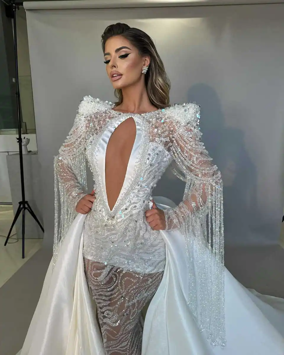 Sexy Mermaid Wedding Dresses For Women V Neck Long Sleeves Bridal Gown Sequins Crystal Pendant Detachable Train Customized Dress