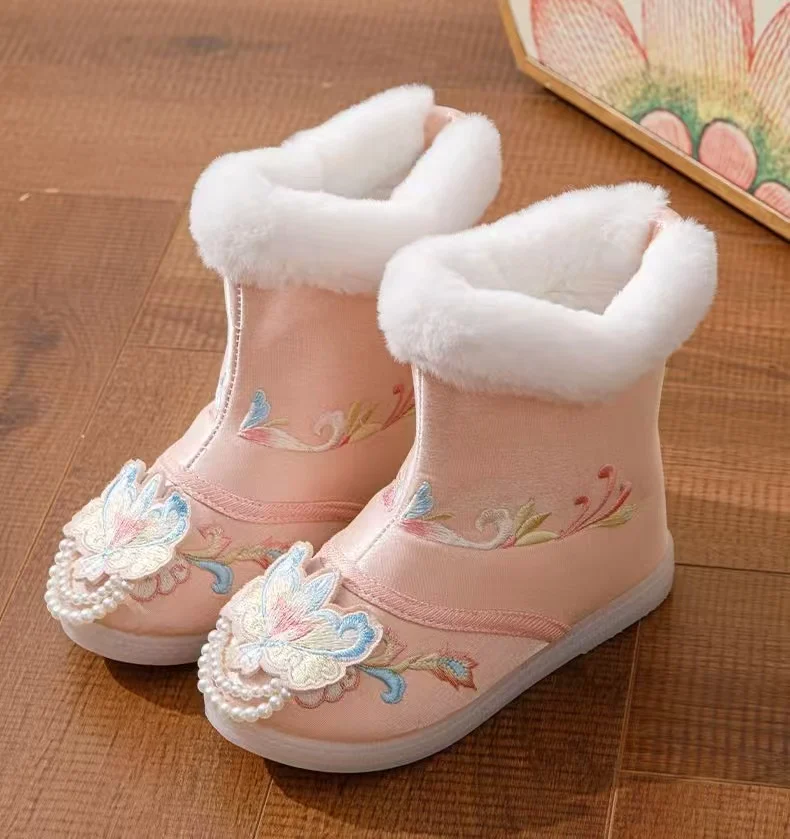 2024 Winter Girls Ethnic Style Embroidered Cotton Boots Soft Sole Non Slip High Top Slip On Plush Warm Hanfu Shoes New Year Shoe