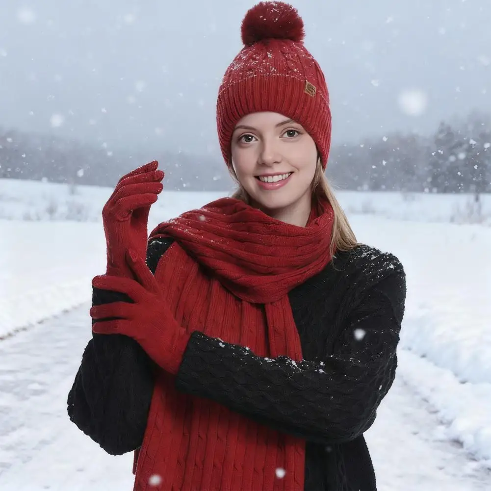 Women Hat Scarf Glove Set 3pcs Women Winter Hat Scarf Gloves Set Solid Color Knitted Pompon Thermal Lining Twist Texture