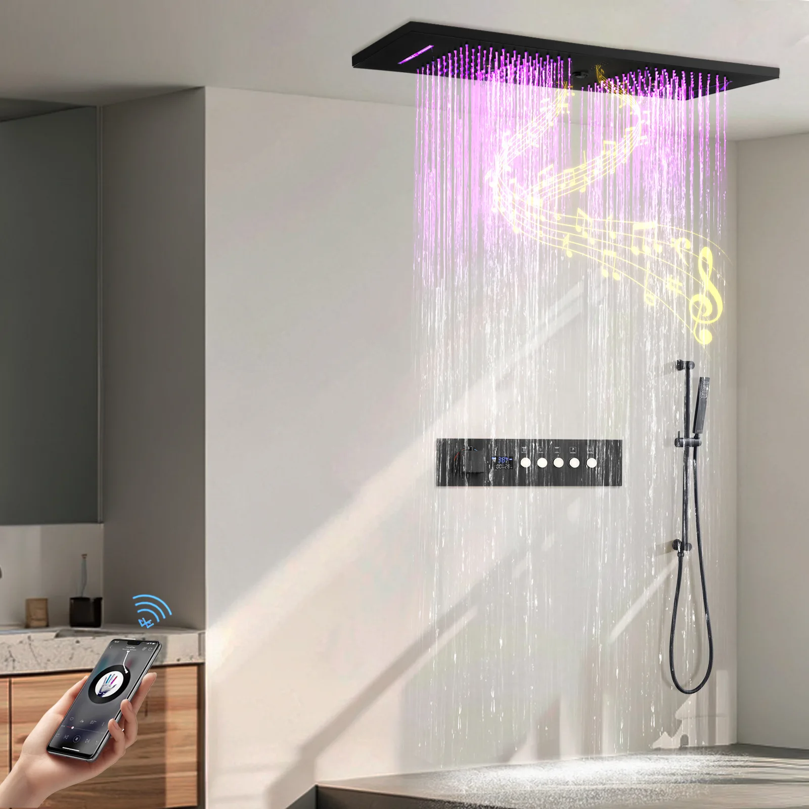 European simple 900 * 300mm concealed LED music shower set bathroom button digital display