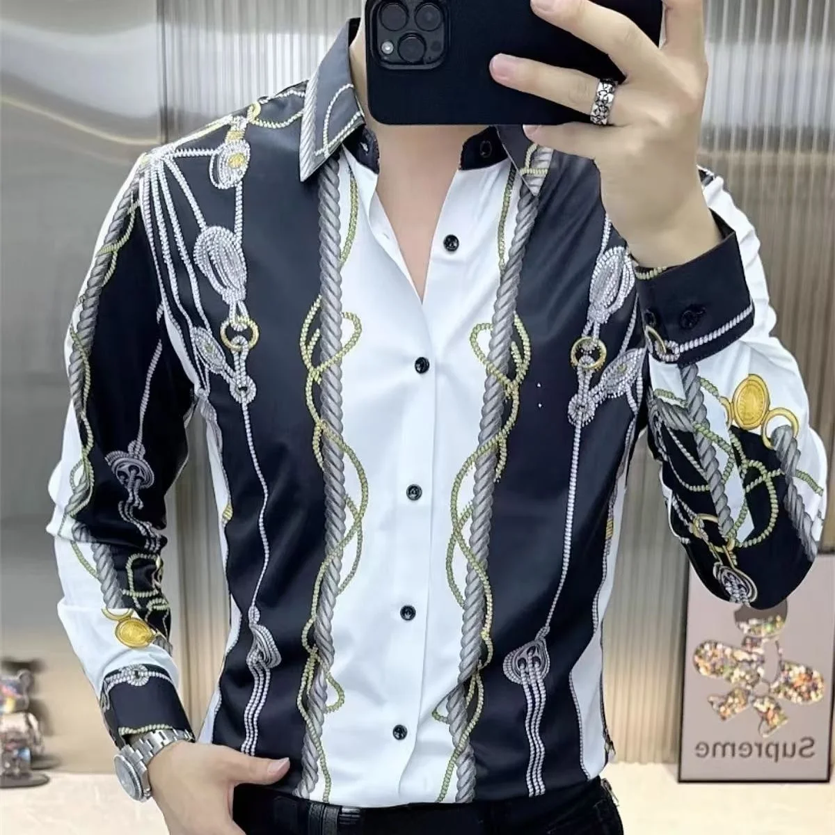 

Ele Long Sve Slim Fit Мужская irt Faionable с принтом Casual irt Haome Sle Осень Новое поступление Faionable irt
