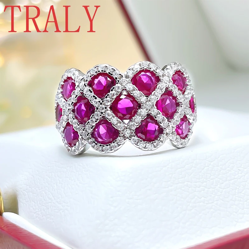 PT950 Platinum Colored Treasure Ring Personalized Fashion Ring Full of Diamonds, European and American Red and Sapphire