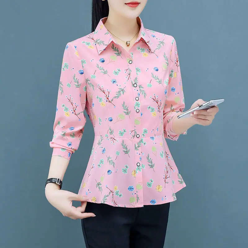 New All-match Long Sleeve Women\'s Clothing 2023 Spring Printing Elegance Female Tops POLO Collar Button Slim Chiffon Shirt