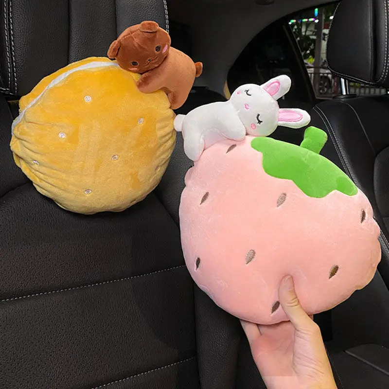 Plush cute Car Pillows Strawberry Rabbit Bear Seat Neck Support Car Headrest Pillow Auto Neck Rest  Interior Car Accessories