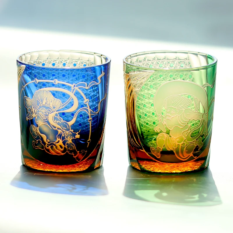 Japanese Style Edo Kiriko Handcrafts Color Cased Whiskey Glass Engraved RaiJin Fujin Design With Gift Box