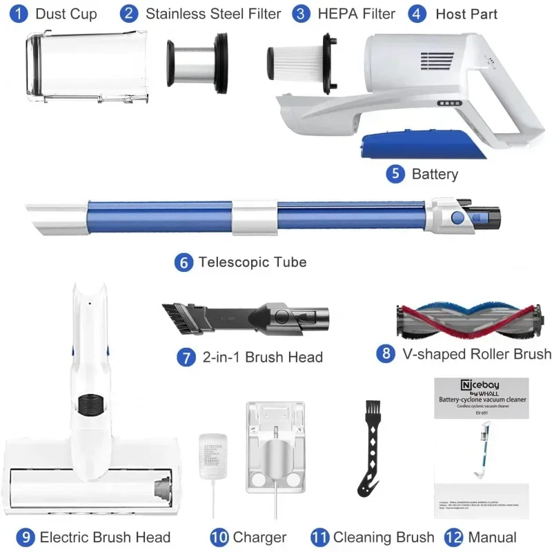 Qwwhall cordless vacuum cleaner,25kpa suction 280W brushless motor 4 in 1 stick vacuum cleaner for home hair hard floor