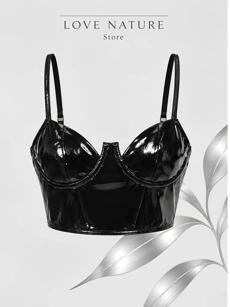 【LOVE NATURE Store】Women’s Black Patent Leather Corset Top, Underwire Bustier Crop Top