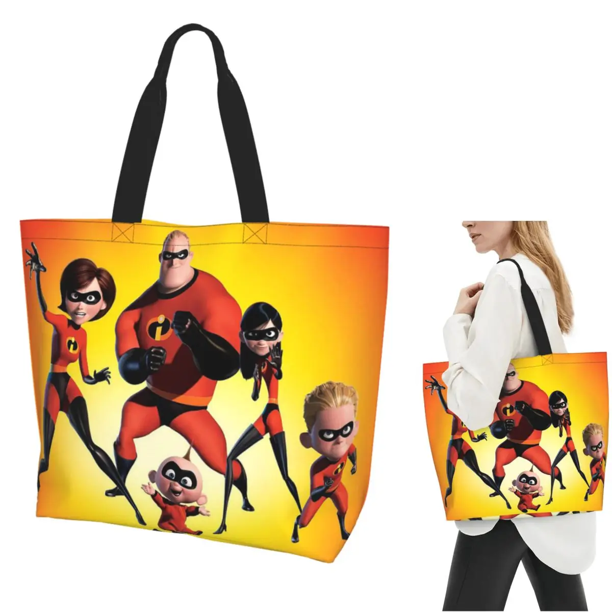

The Incredibles Cartoon Shopping Tote Bag Canvas Large Capacity Shoulder Bags Shopper Grocery Handbag for Women