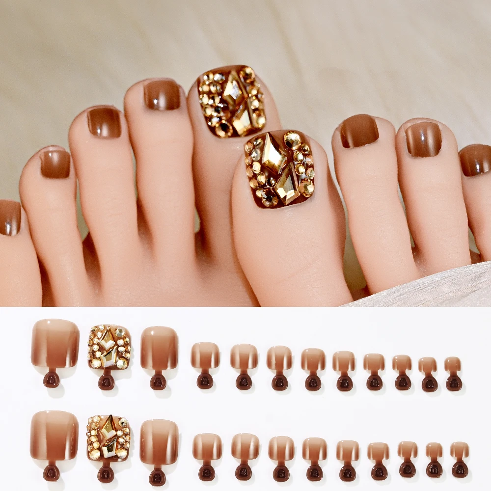 24/100/120Pcs Press On Toe Nails for Women French Tip Fake Toenail with Gold Glitter Rhinestone Design Full Cover False Toenails